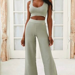 Olive Ribbed Crop Top and Flared Trousers Set